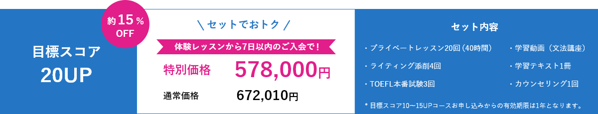 目標スコア20UP、約15%OFF、キャンペーン価格578,000円